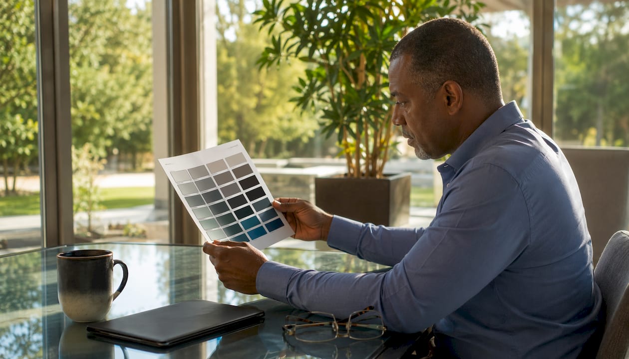 Person at kitchen table reviewing tint chart