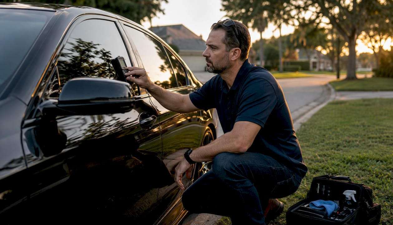 Professional measuring car window tint darkness
