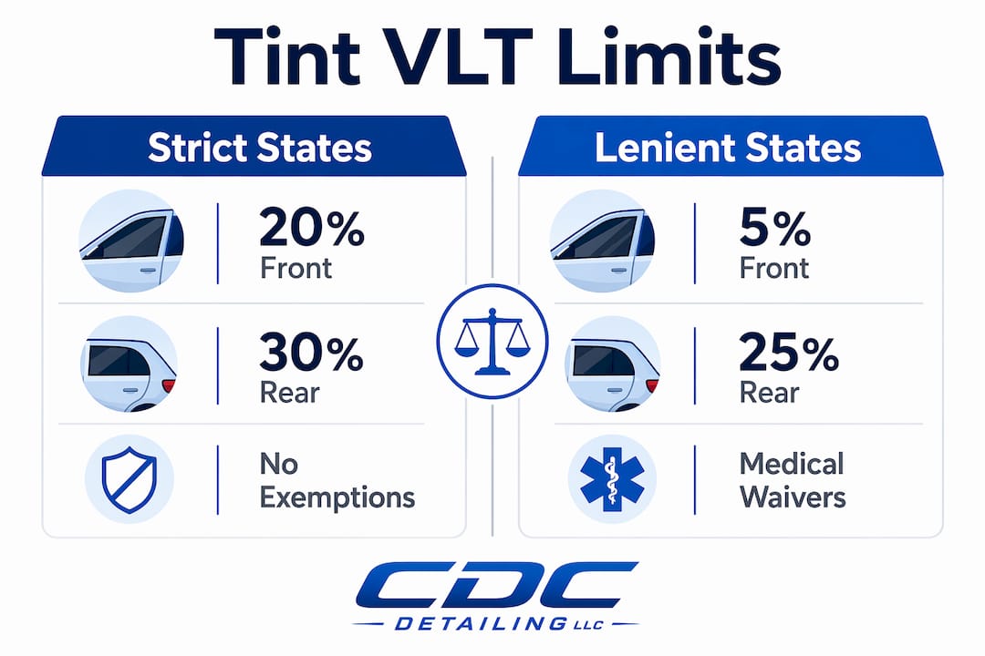 Infographic comparing strict and lenient VLT tint limits