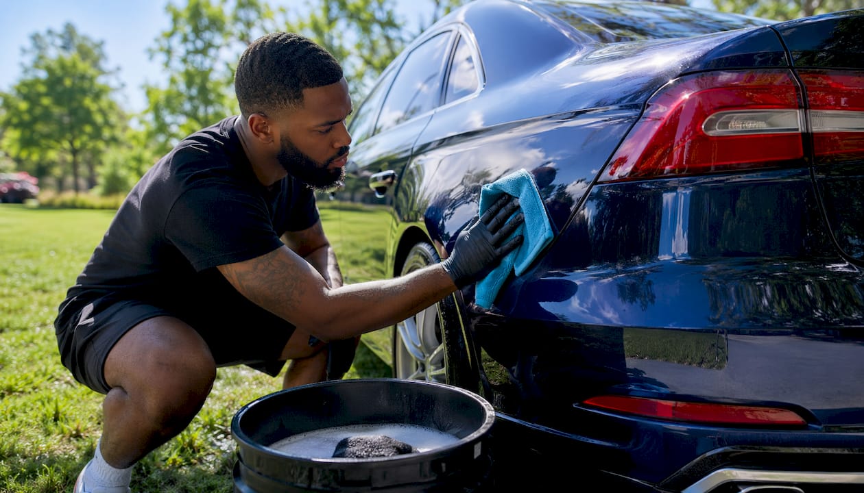 Man wiping car door with towel outdoors
