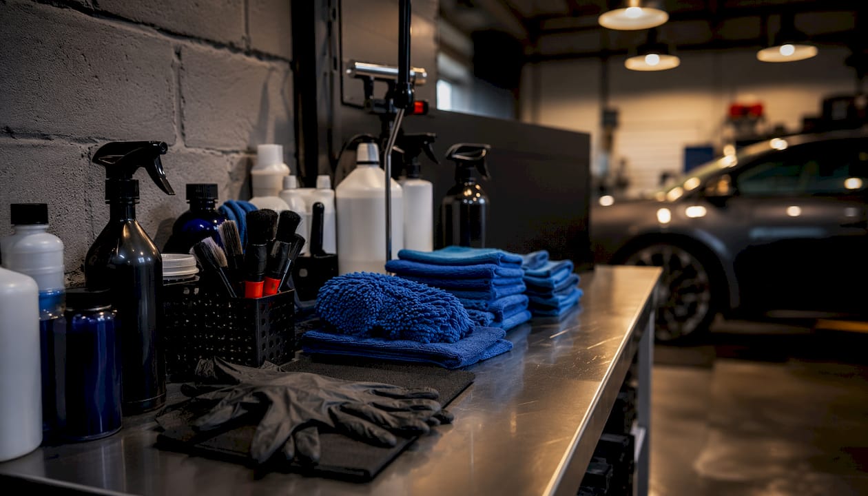 Overhead view of organized car detailing supplies on workbench