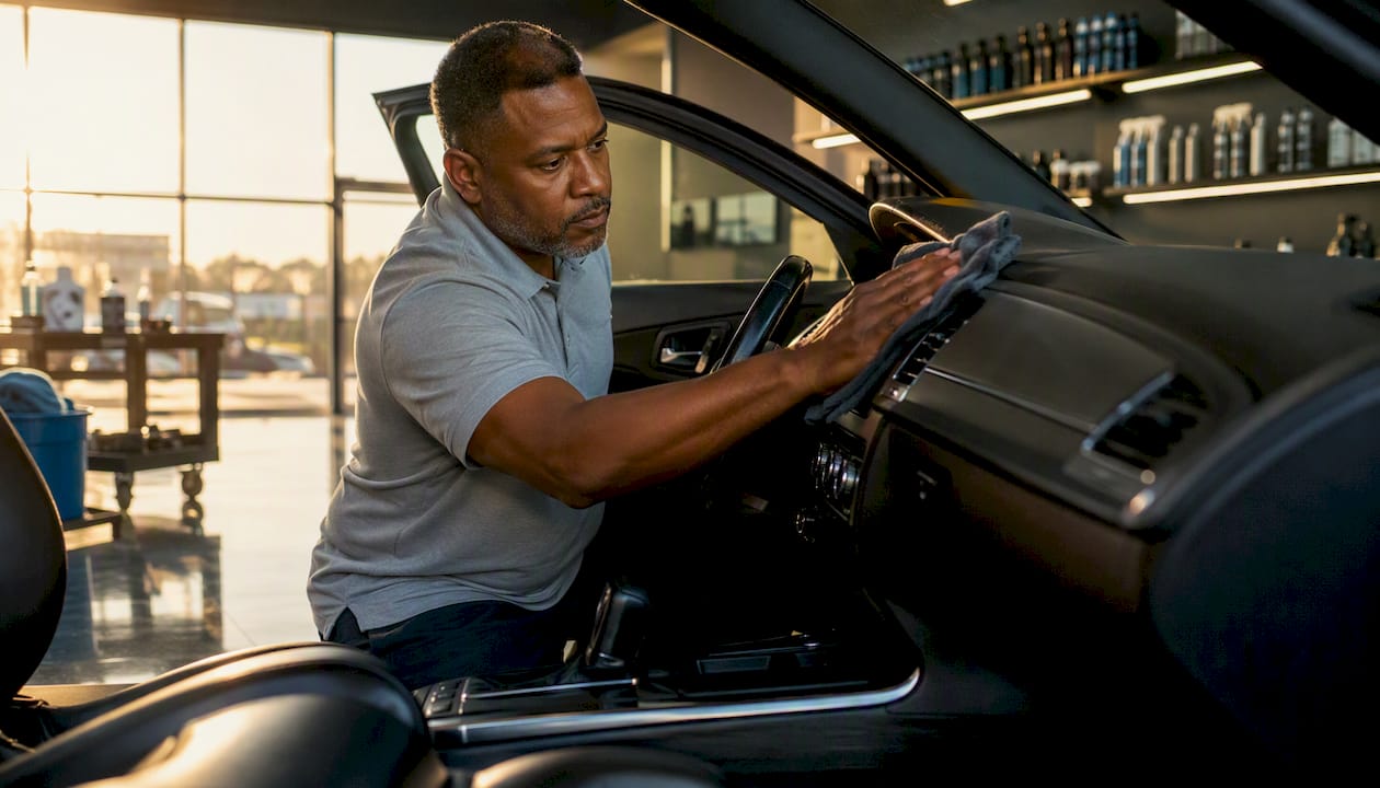 Man cleaning car interior dashboard and seat