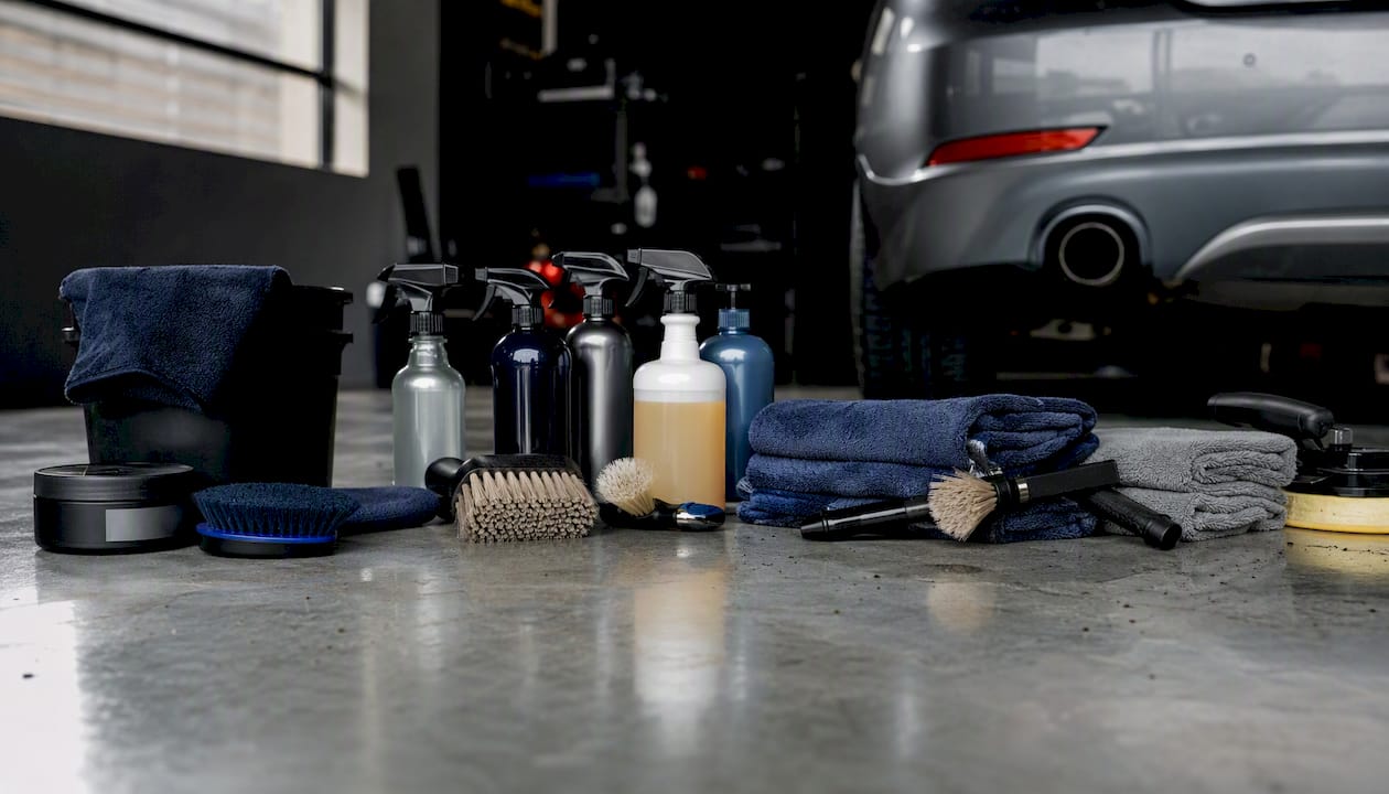 Detailing brushes and cleaning products on bench