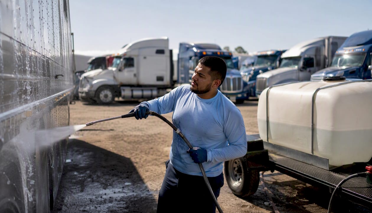 Mobile fleet washing technician at work outdoors