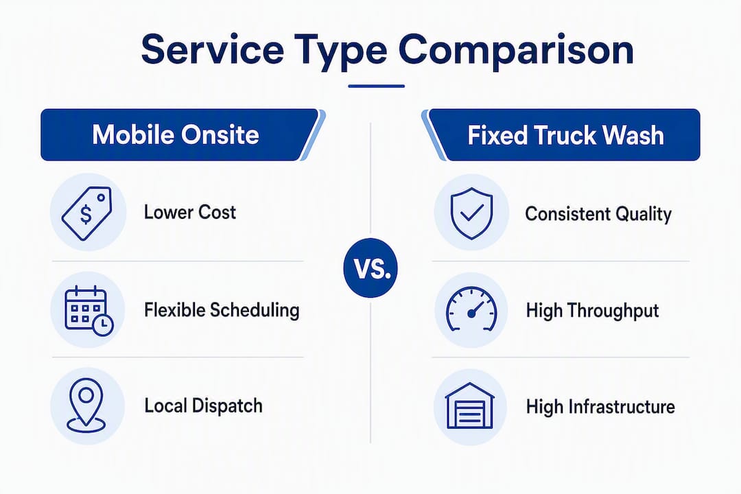 Infographic comparing mobile onsite and fixed truck wash services