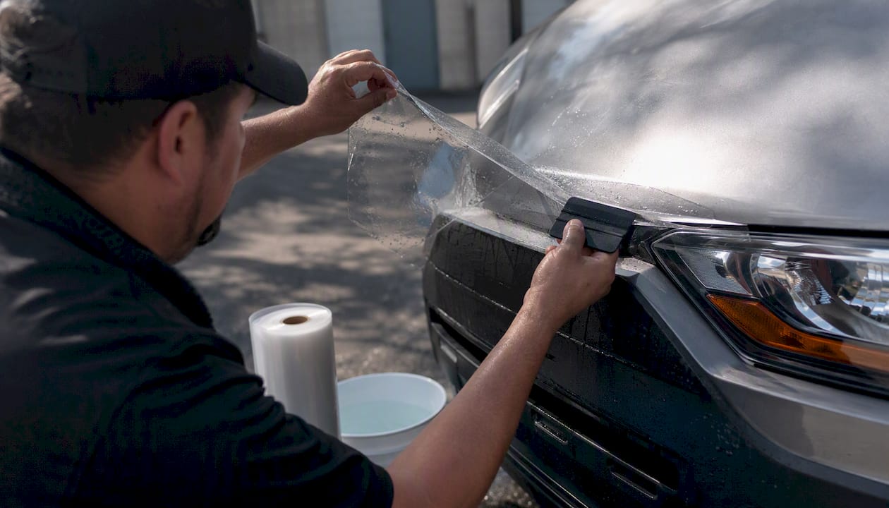 Hands applying paint protection film on fleet van