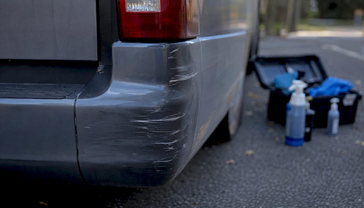 Close-up of paint chips on fleet vehicle edges