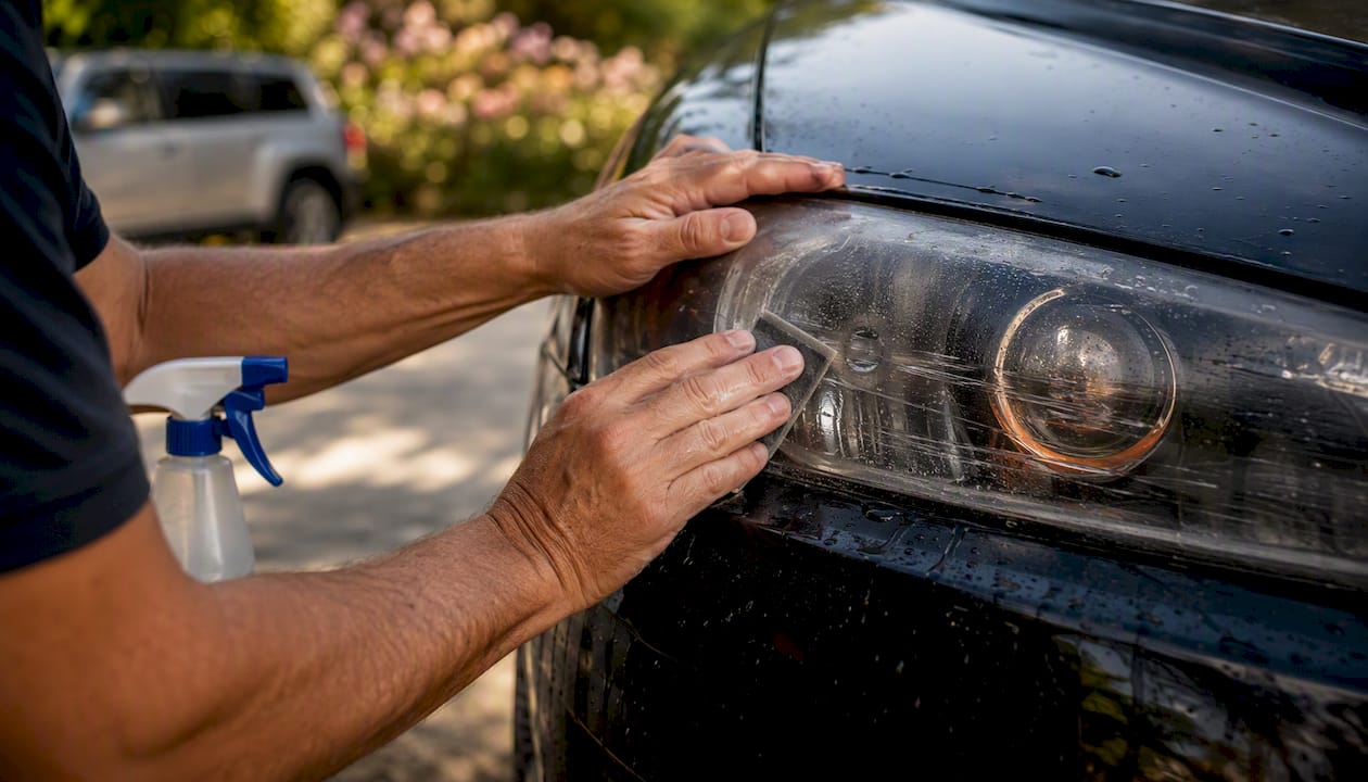 Hands wet sanding car headlight lens
