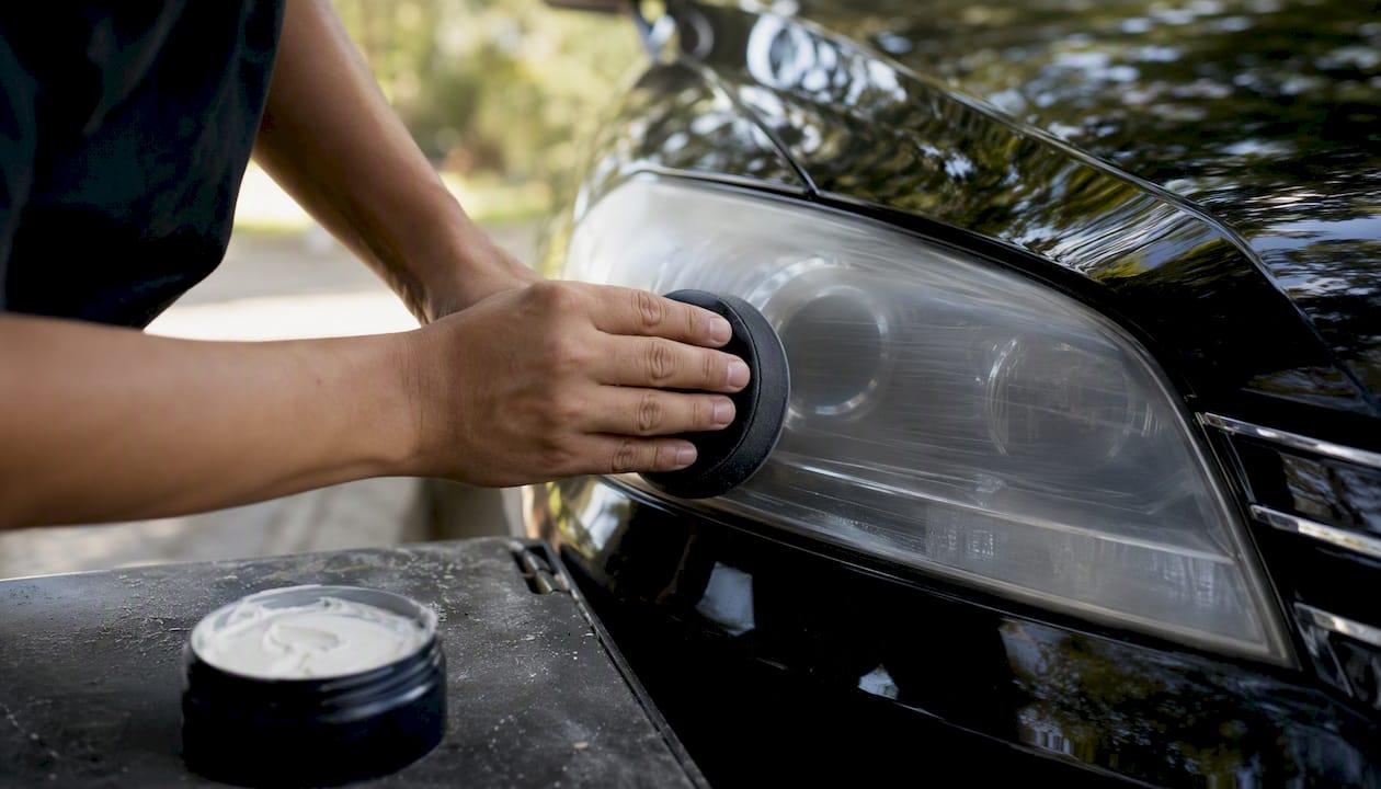 Hand polishing car headlight with foam pad