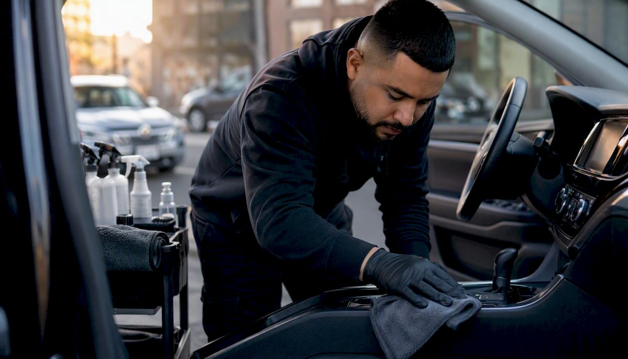Gloved hand wiping vehicle interior surfaces