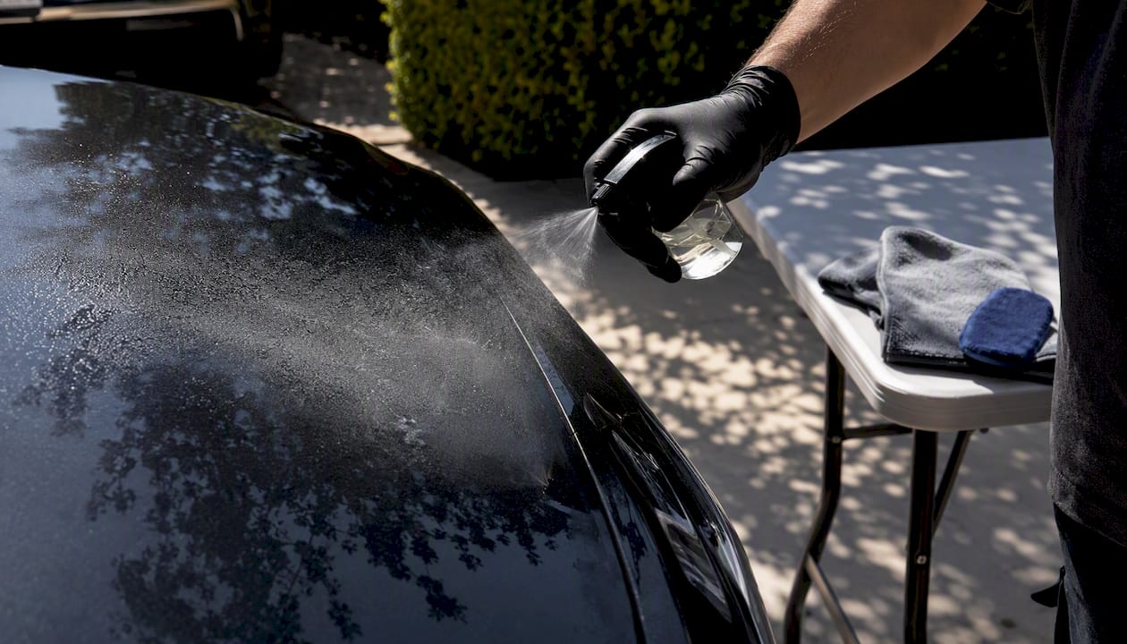 Hand spraying chemical decontamination on car panel