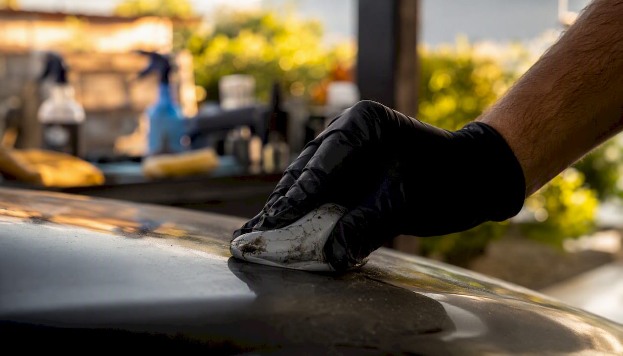 Gloved hand using clay mitt on car paint