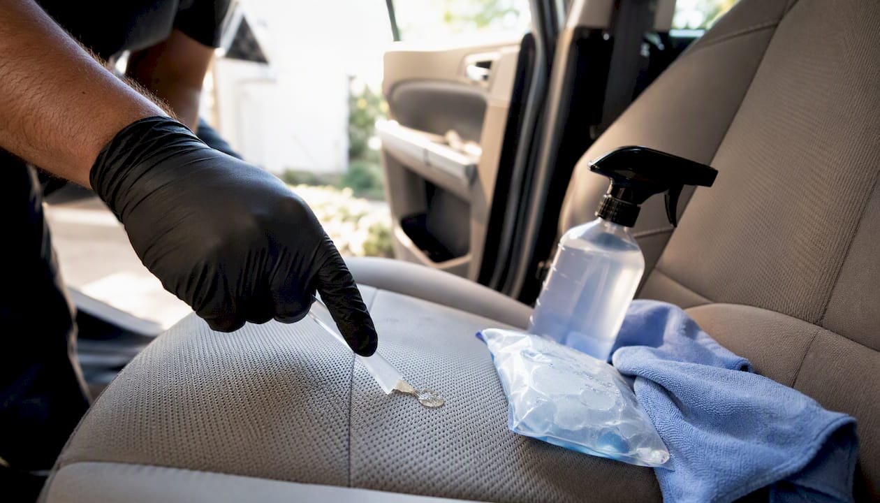 Gloved hand scraping gum from car seat fabric