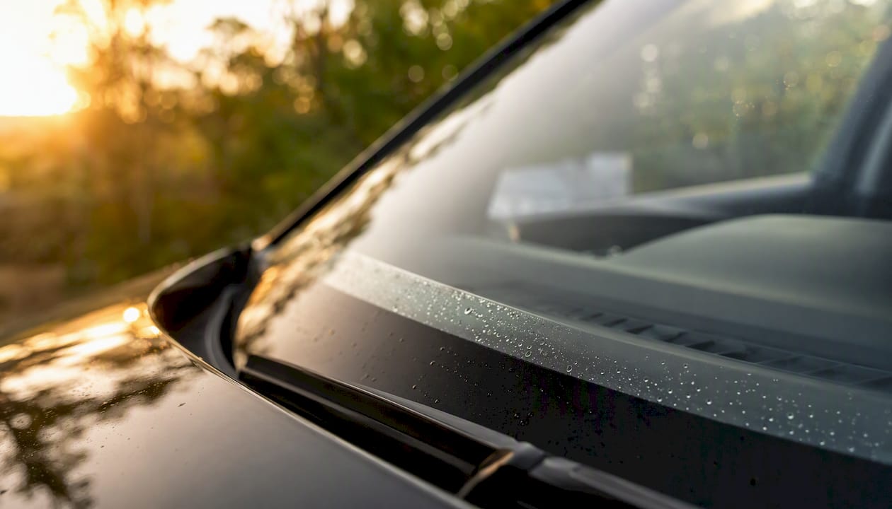 Windshield lower edge with clear stone-guard film applied