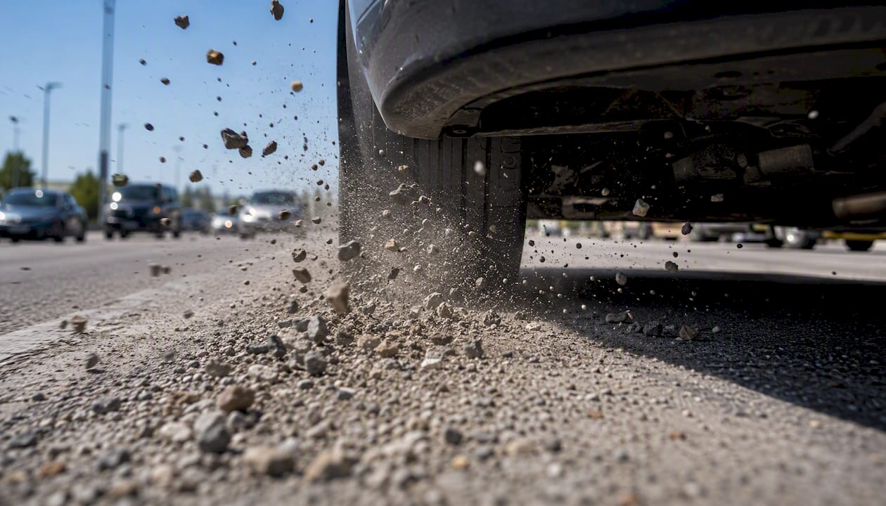 Flying gravel debris hitting a vehicle windshield