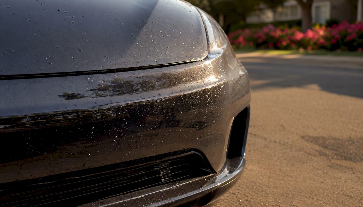 Close-up of car bumper with protective film applied