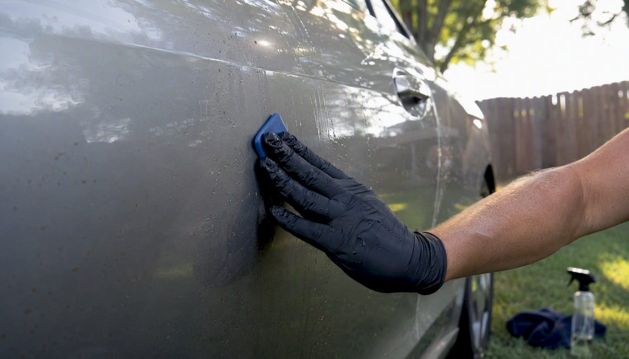 Hand removing overspray with clay bar