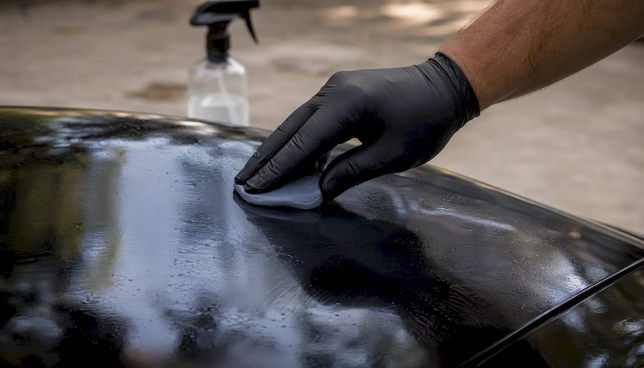 Hand gently applying clay bar on car paint