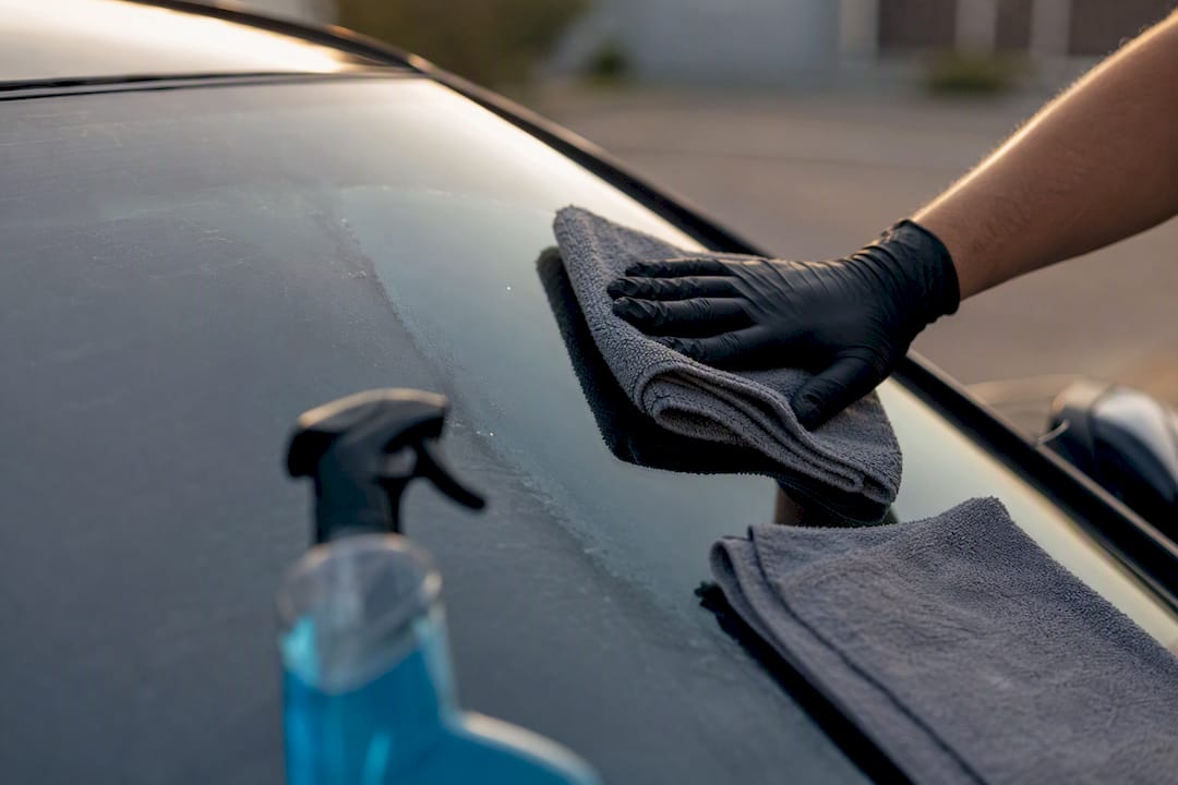 Hand cleaning windshield haze with towel