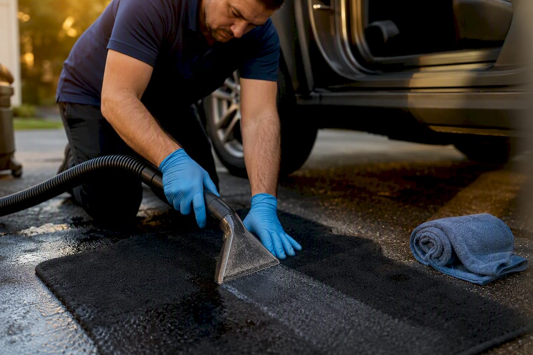 Technician vacuuming wet car carpet