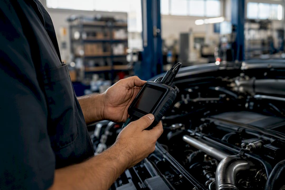 Mechanic hands using diagnostic tools on engine