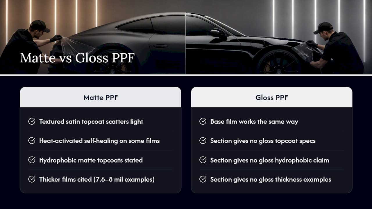 Comparison chart of matte versus gloss PPF features
