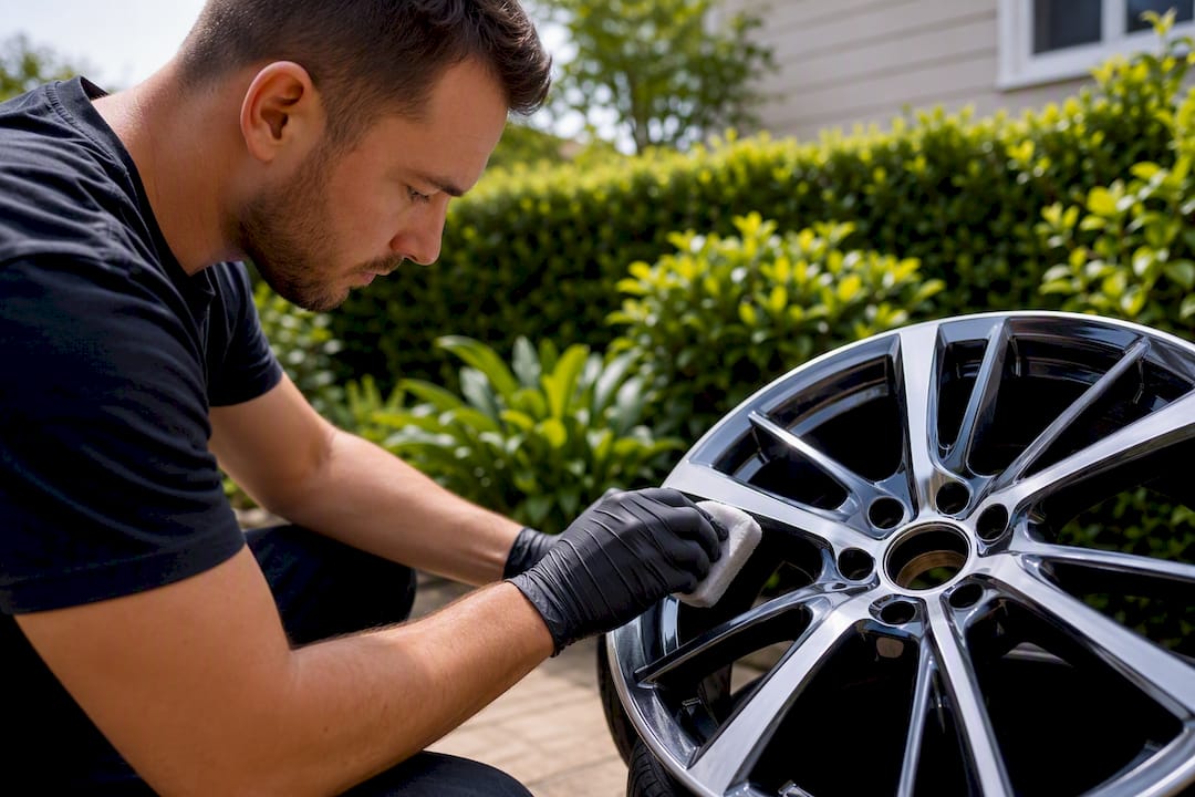 Hand applying ceramic coating on wheel rim