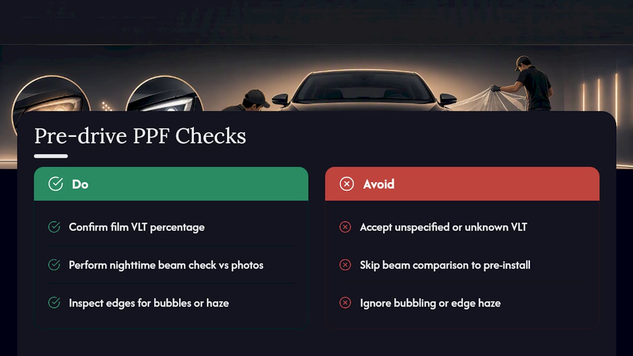 Checklist for verifying headlight PPF installation quality