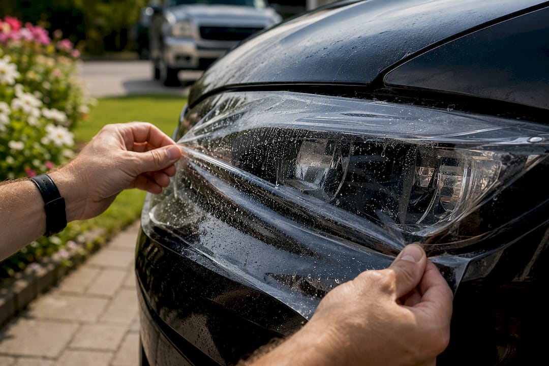 Hand applying clear PPF film on headlight lens