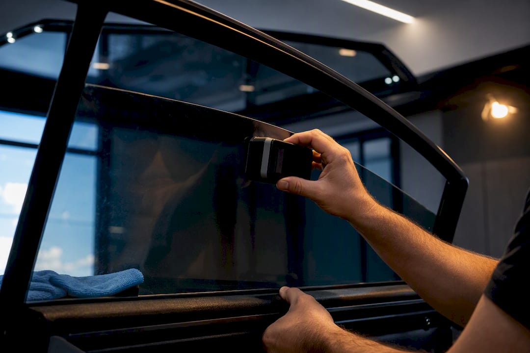 Installer measuring light transmission through tinted glass