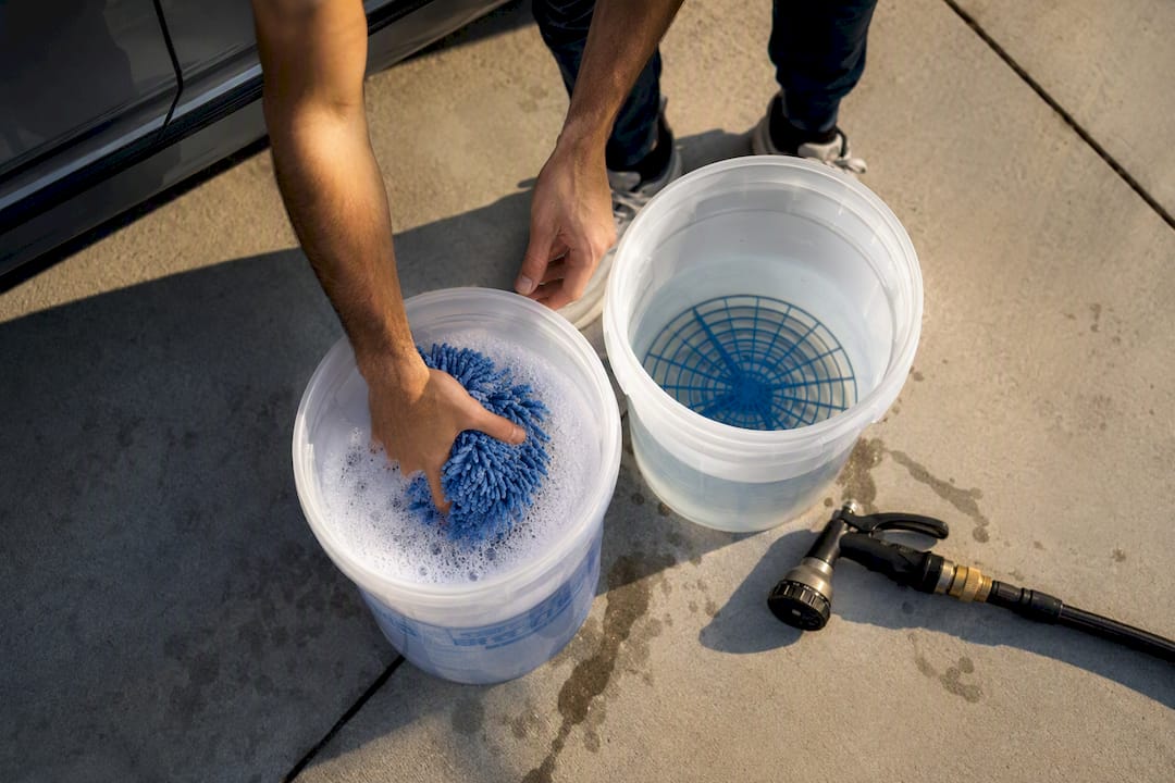 Two-bucket wash setup with grit guards