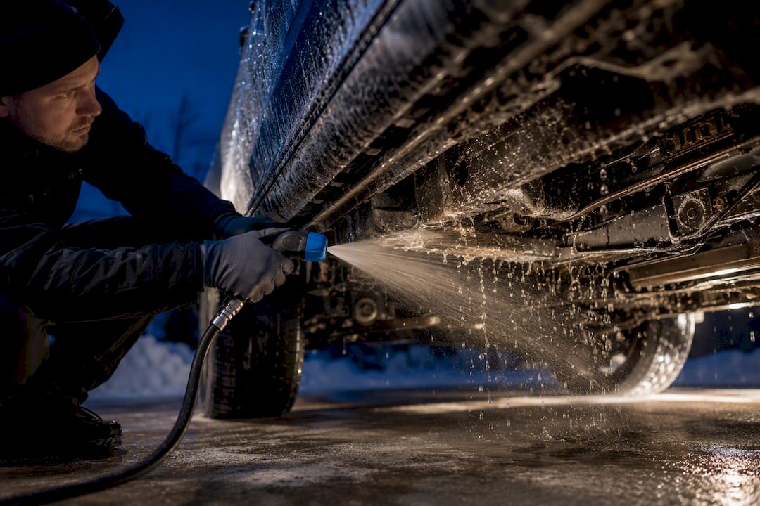 Close view of salt-covered undercarriage rinse