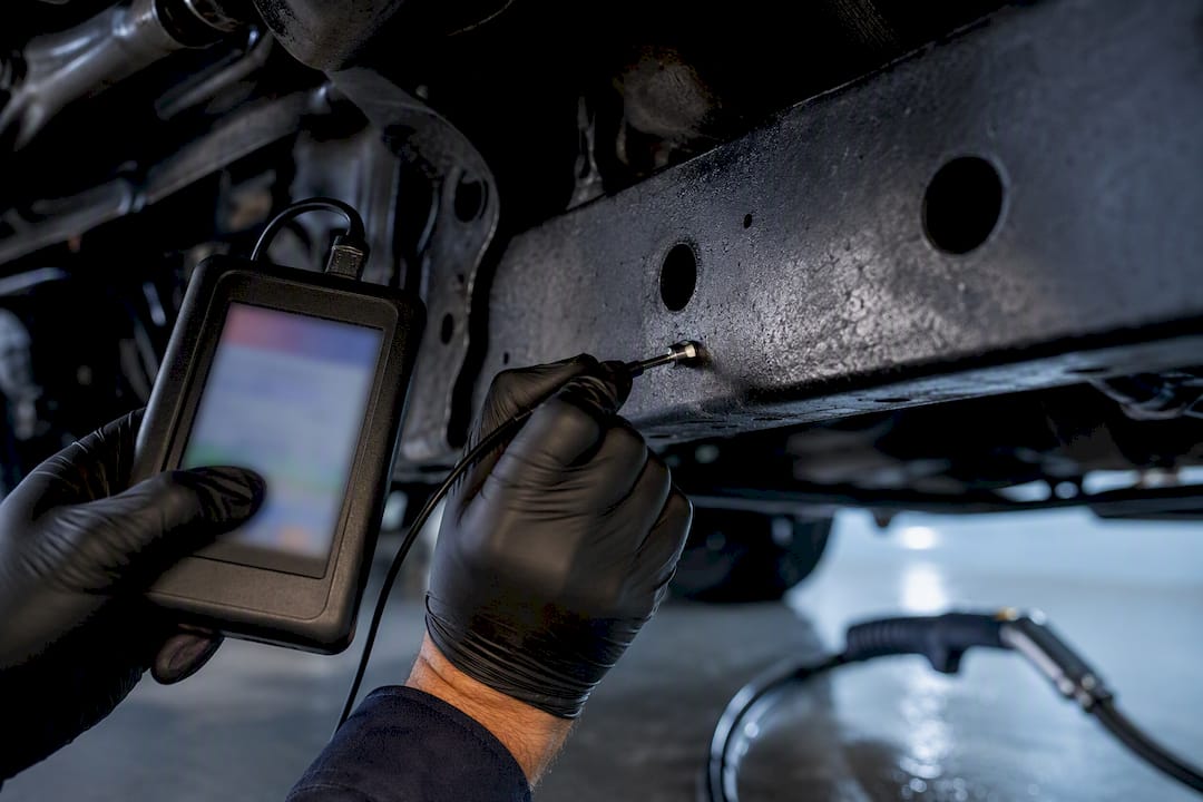 Conductivity meter checking a dried frame rail
