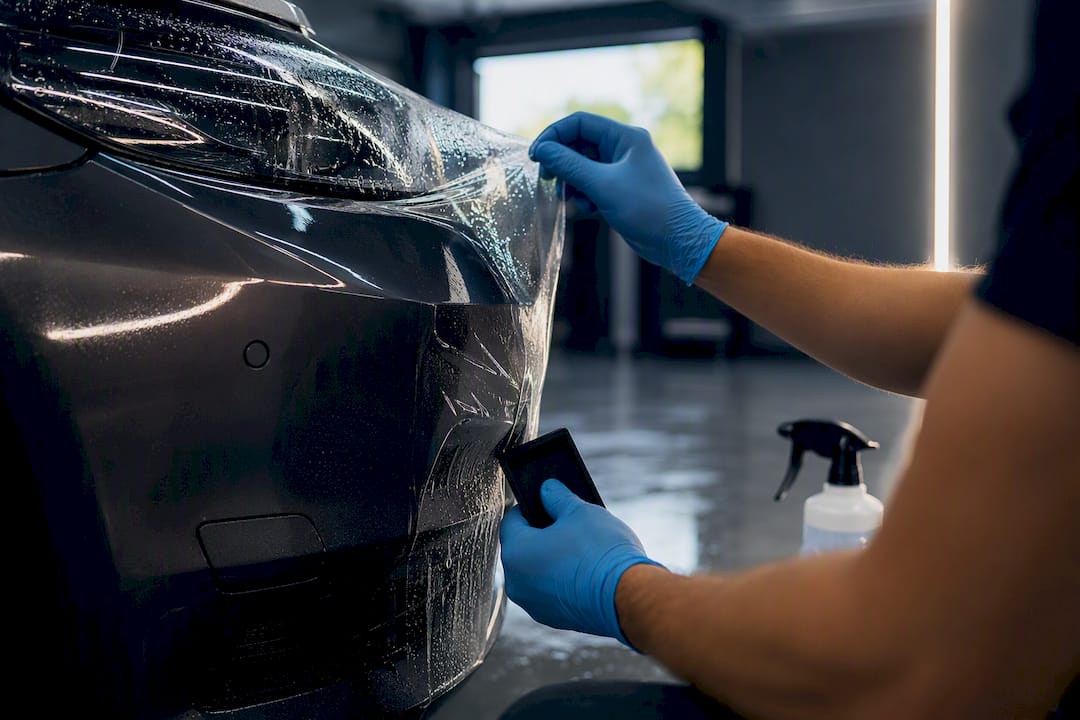 Installer applying film to front bumper
