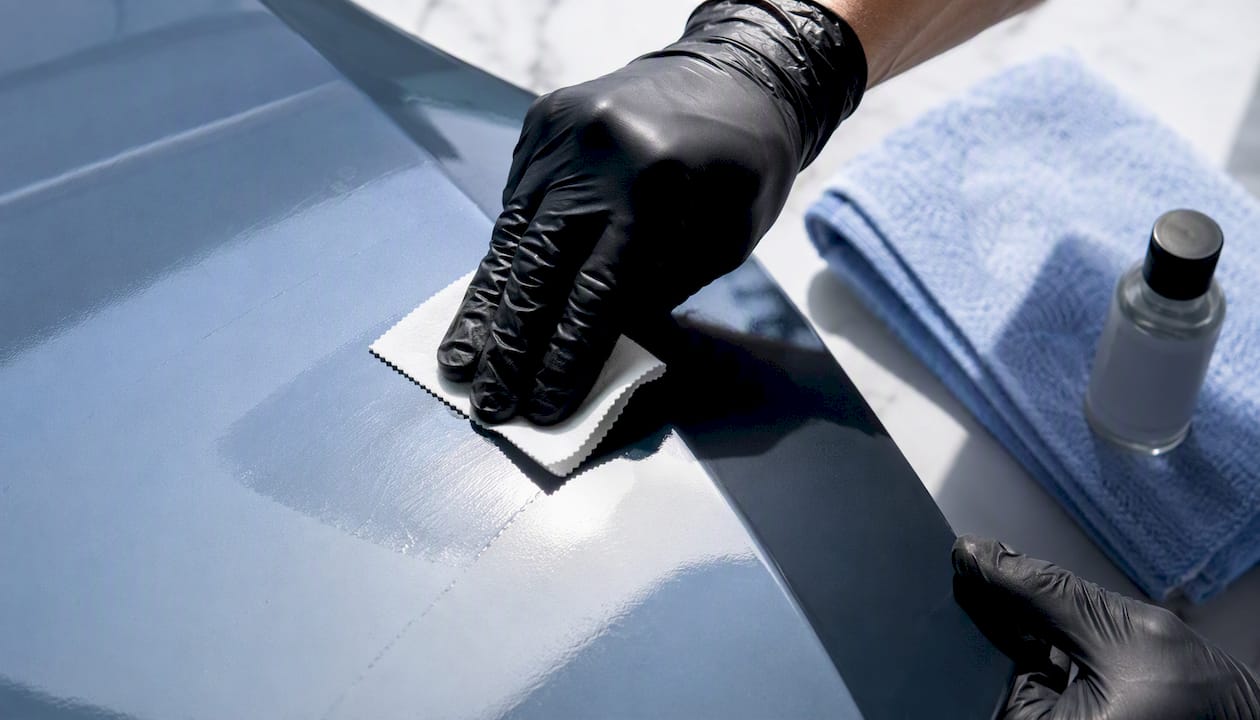 Technician preparing coated paint for PPF