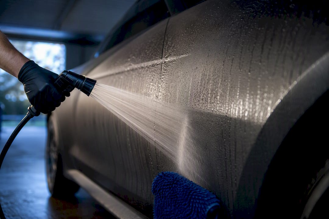 Wide rinse stream over matte vehicle paint