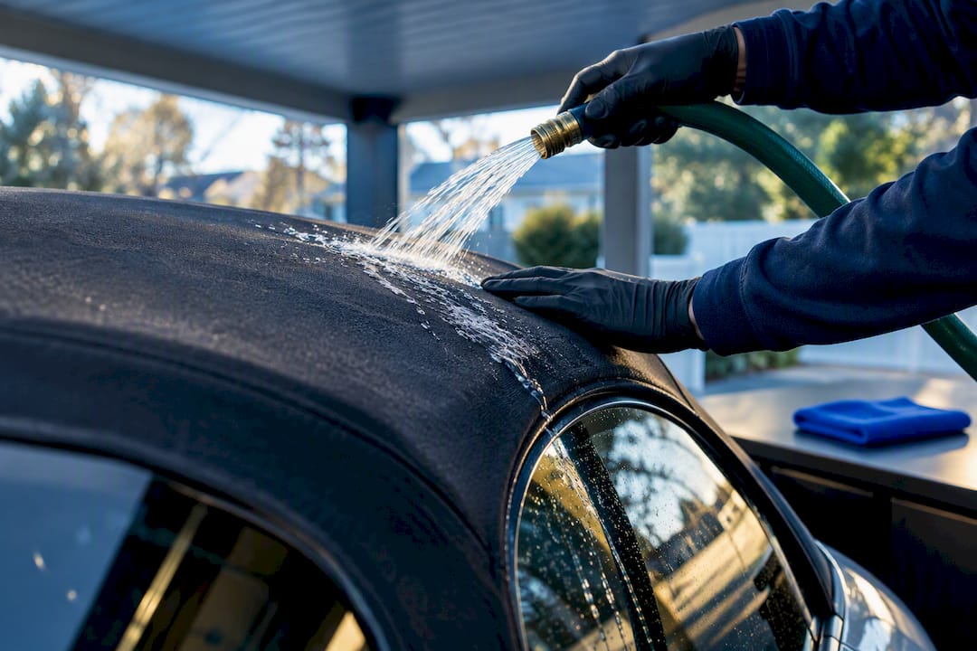 Hands gently rinsing fabric convertible top