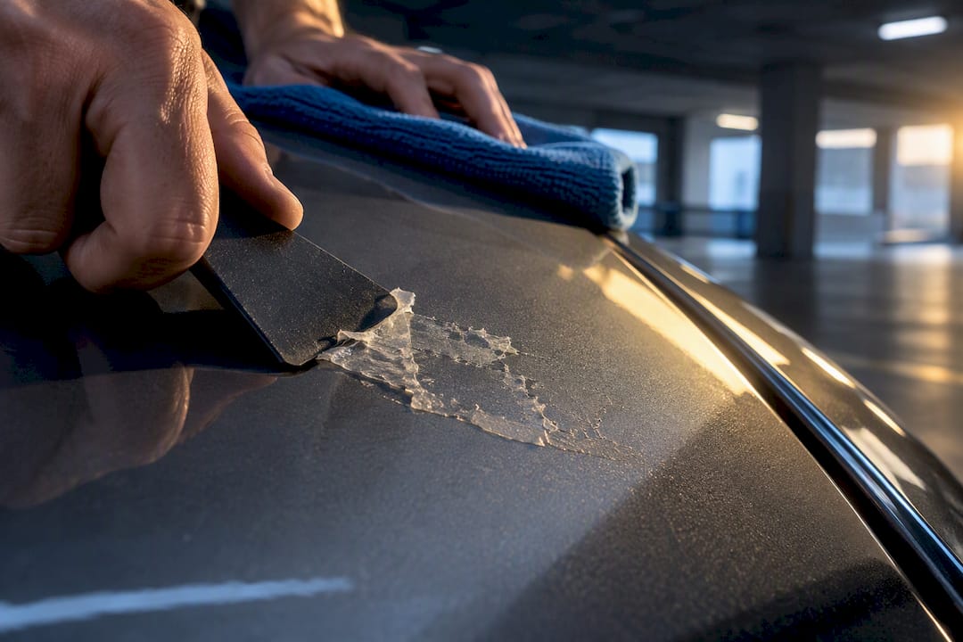 Hands removing adhesive from painted panel