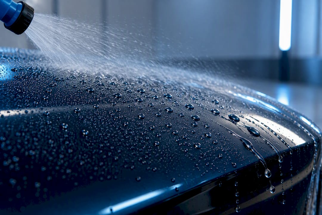 Water beads rolling across coated paint