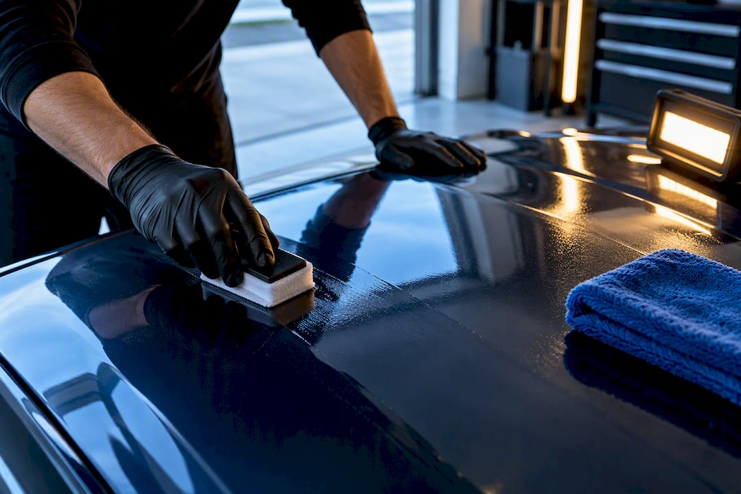 Technician applying ceramic coating to paint
