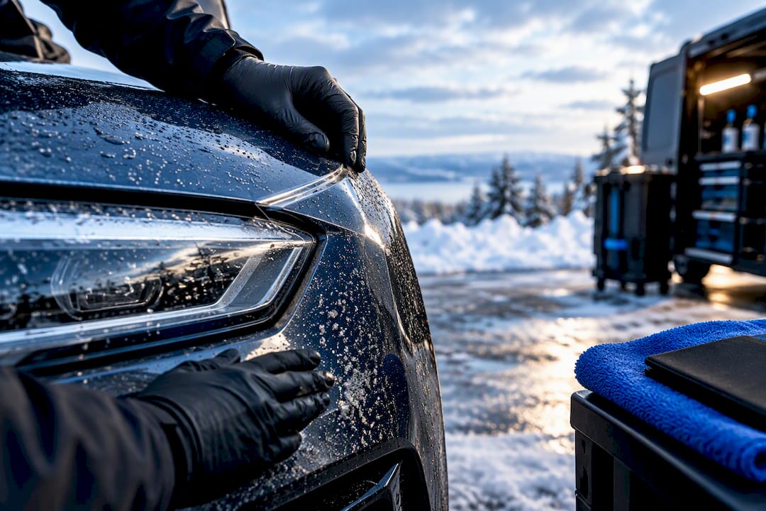 Salt-speckled front clip with protective film