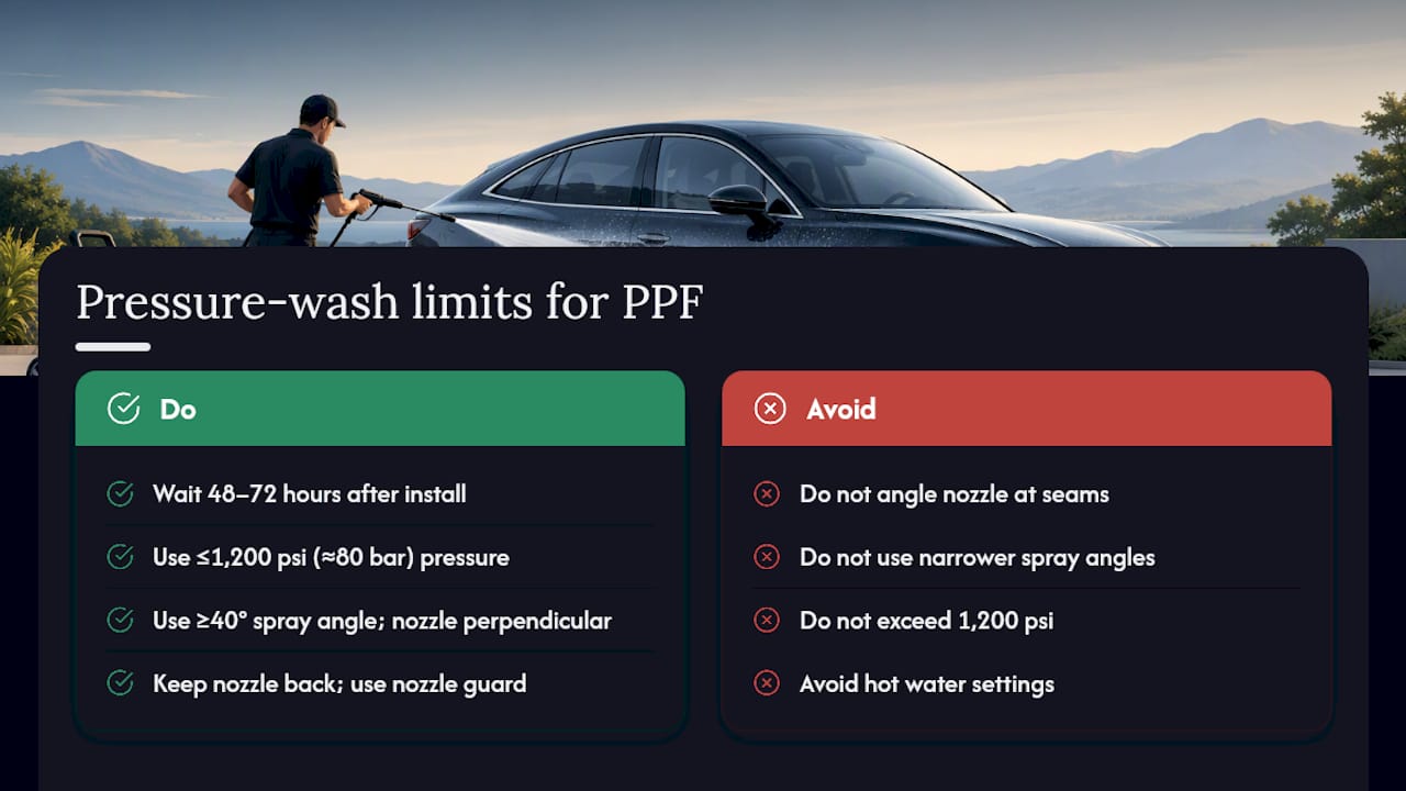 PPF wash timing pressure and spray angle limits