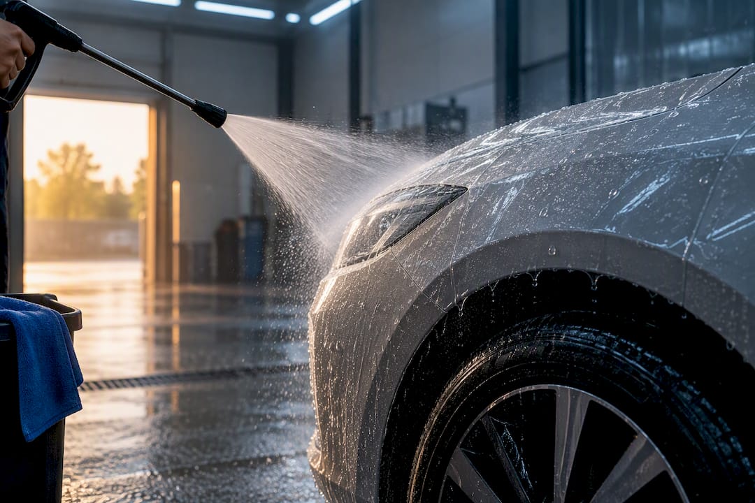 Touchless spray rinsing protected vehicle panel
