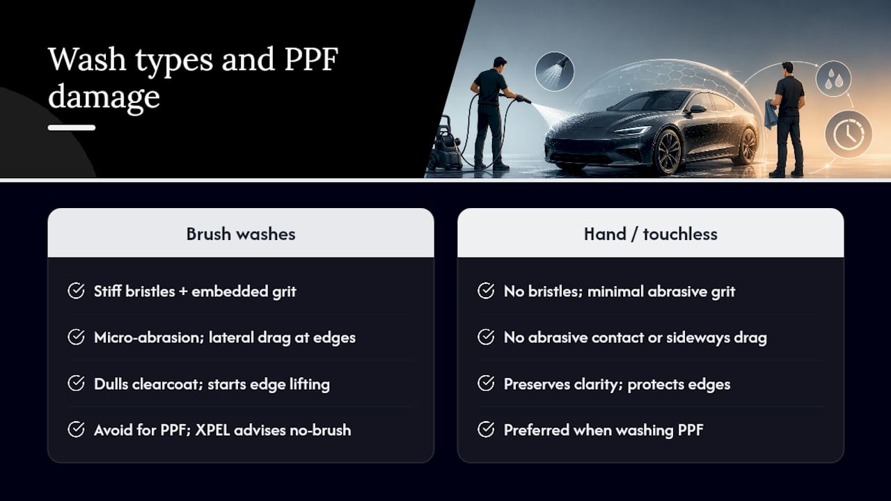 Why brushes and contact washes damage PPF — overview diagram