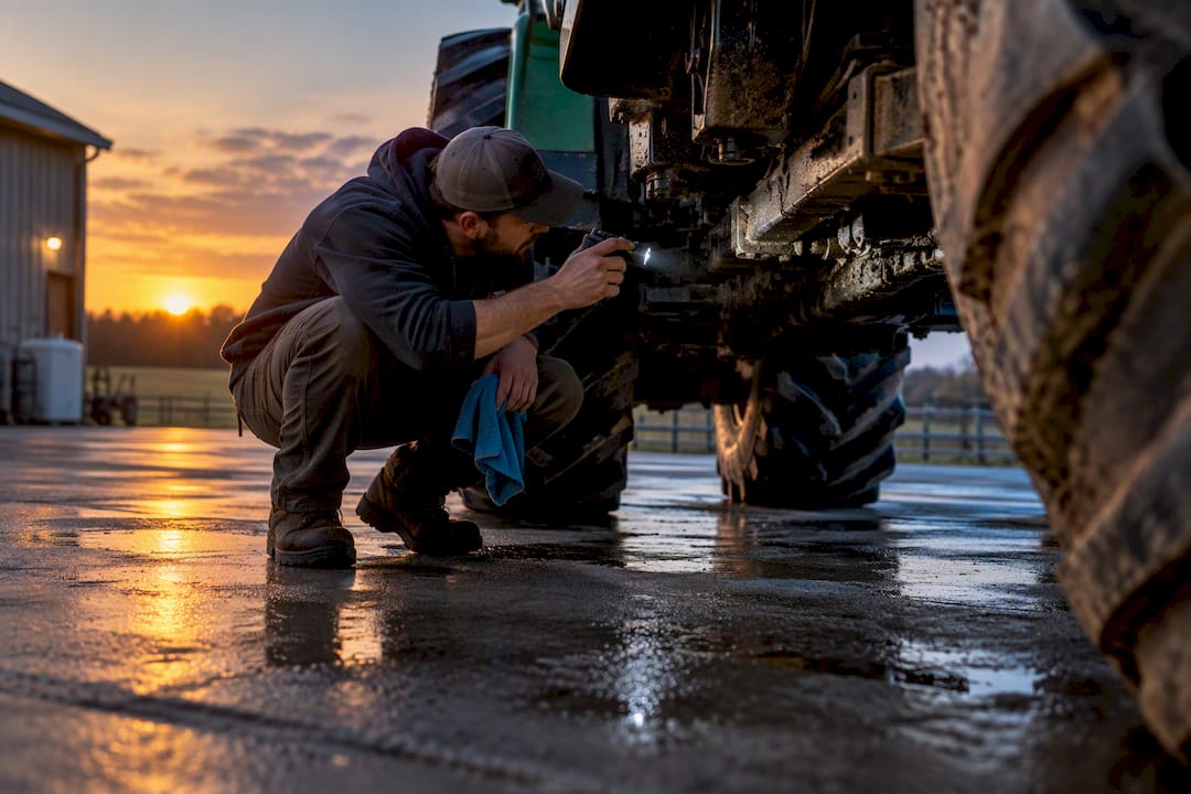 Technician inspecting tractor undercarriage before detailing quote