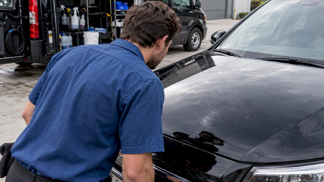 Technician inspecting coated hood for swirls and chips