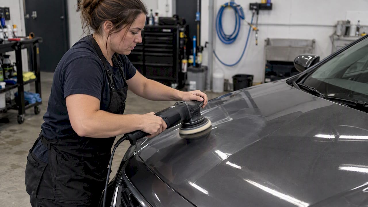 Installer polishing vehicle paint before coating
