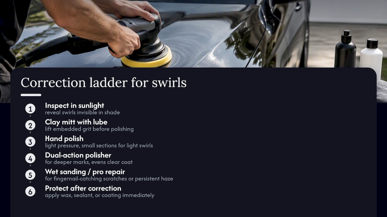 Escalating steps for correcting black paint swirls