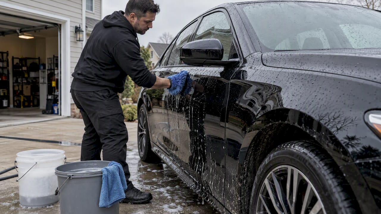 Owner hand-washing a black car with detailing tools