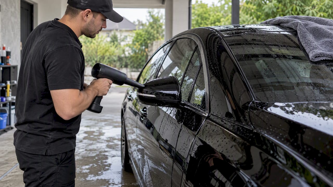 Air dryer removing water from black car seams